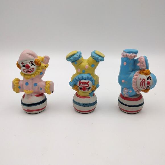Fine Ceramic Circus Clown Figurines Set of 3 3.5" Balancing Balls - Picture 2 of 7